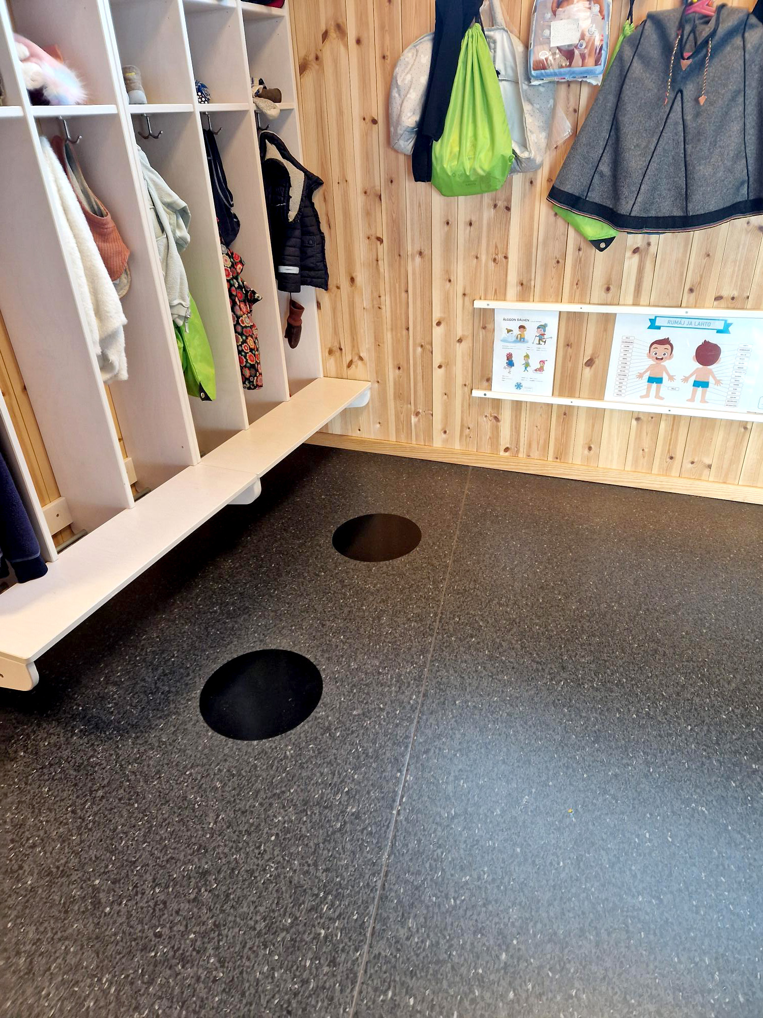To markerte sirkler som er norskspråklige soner i barnhagens garderobe.